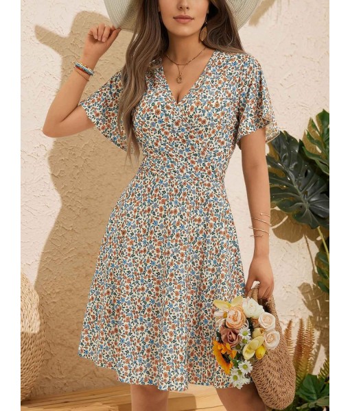 FENSACE Womens Sundress Summer Floral Short Sleeve Wrap V Neck A-Line Midi Dress