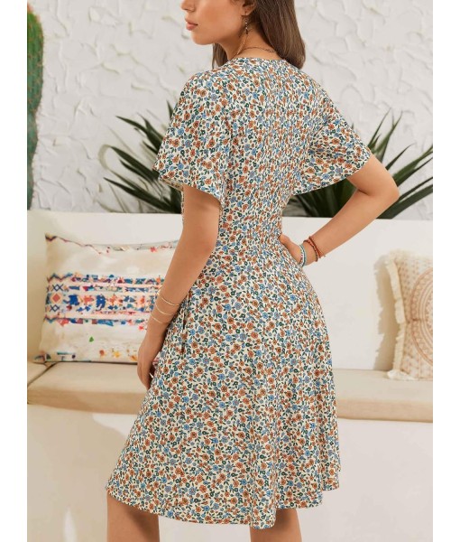 FENSACE Womens Sundress Summer Floral Short Sleeve Wrap V Neck A-Line Midi Dress