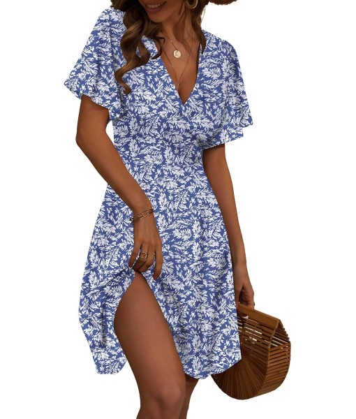 FENSACE Womens Sundress Summer Floral Short Sleeve Wrap V Neck A-Line Midi Dress
