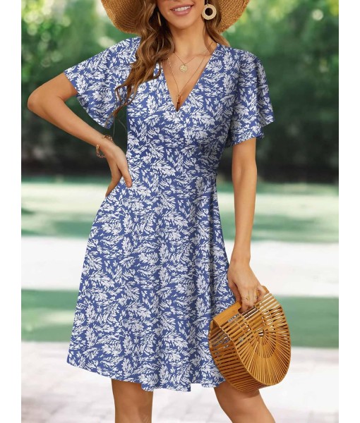 FENSACE Womens Sundress Summer Floral Short Sleeve Wrap V Neck A-Line Midi Dress