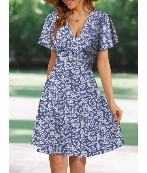 FENSACE Womens Sundress Summer Floral Short Sleeve Wrap V Neck A-Line Midi Dress