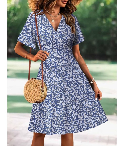 FENSACE Womens Sundress Summer Floral Short Sleeve Wrap V Neck A-Line Midi Dress