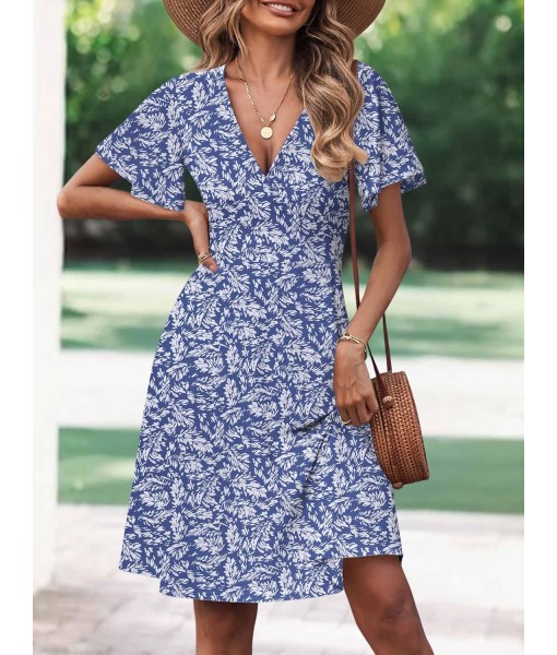 FENSACE Womens Sundress Summer Floral Short Sleeve Wrap V Neck A-Line Midi Dress