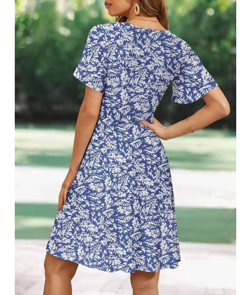 FENSACE Womens Sundress Summer Floral Short Sleeve Wrap V Neck A-Line Midi Dress