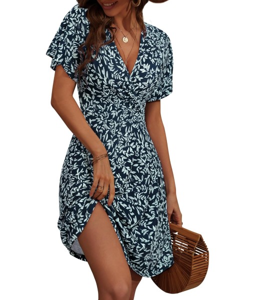 FENSACE Womens Sundress Summer Floral Short Sleeve Wrap V Neck A-Line Midi Dress