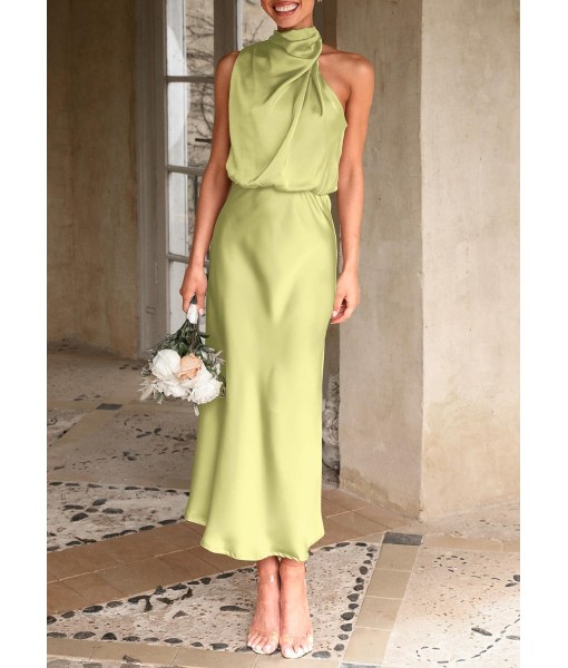 PRETTYGARDEN Women's 2025 Summer Satin Dress Elegant Sleeveless Mock Neck Cocktail Party Maxi Dresses