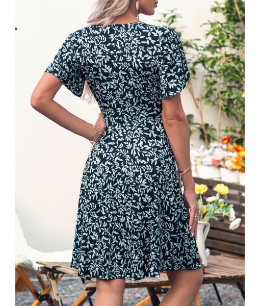 FENSACE Womens Sundress Summer Floral Short Sleeve Wrap V Neck A-Line Midi Dress