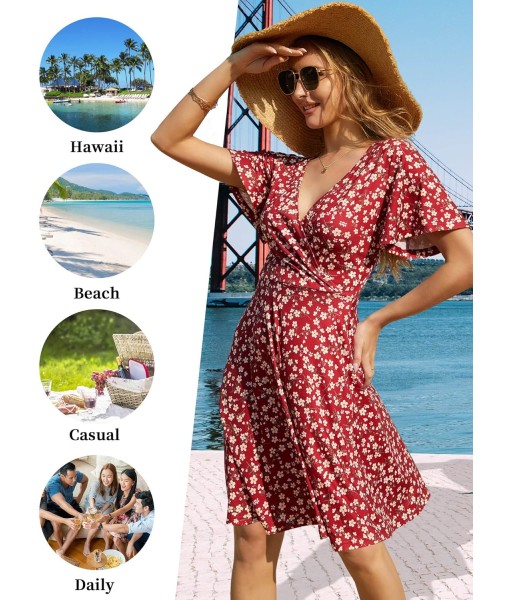 FENSACE Womens Sundress Summer Floral Short Sleeve Wrap V Neck A-Line Midi Dress