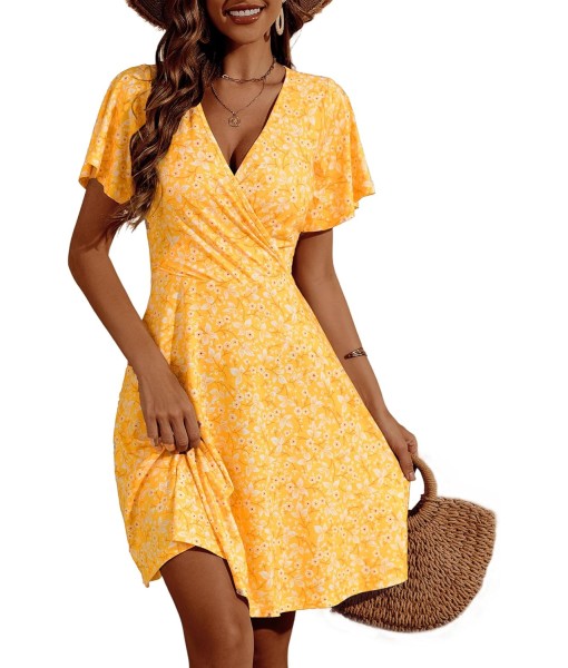 FENSACE Womens Sundress Summer Floral Short Sleeve Wrap V Neck A-Line Midi Dress