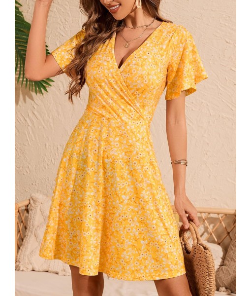 FENSACE Womens Sundress Summer Floral Short Sleeve Wrap V Neck A-Line Midi Dress