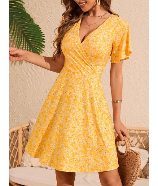 FENSACE Womens Sundress Summer Floral Short Sleeve Wrap V Neck A-Line Midi Dress