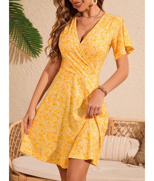 FENSACE Womens Sundress Summer Floral Short Sleeve Wrap V Neck A-Line Midi Dress