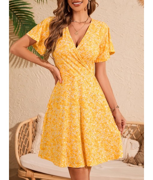 FENSACE Womens Sundress Summer Floral Short Sleeve Wrap V Neck A-Line Midi Dress