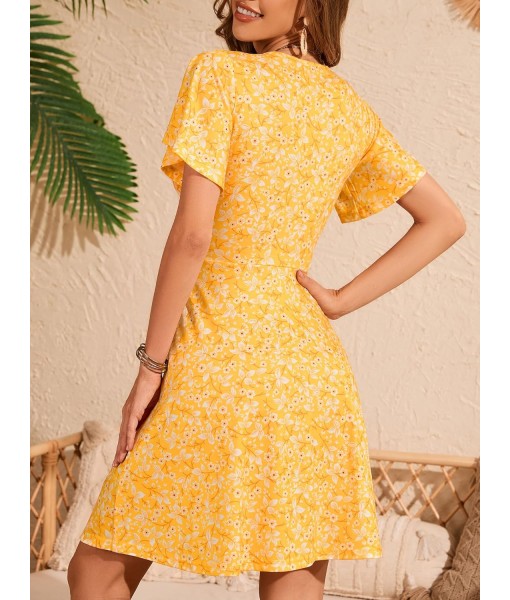 FENSACE Womens Sundress Summer Floral Short Sleeve Wrap V Neck A-Line Midi Dress