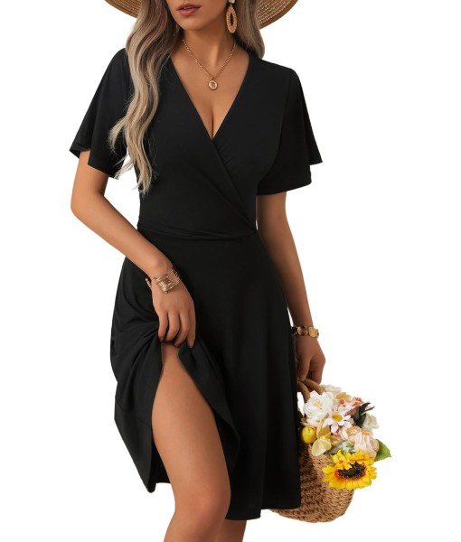 FENSACE Womens Sundress Summer Floral Short Sleeve Wrap V Neck A-Line Midi Dress