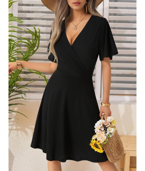 FENSACE Womens Sundress Summer Floral Short Sleeve Wrap V Neck A-Line Midi Dress