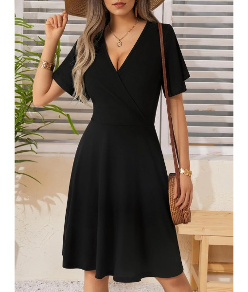 FENSACE Womens Sundress Summer Floral Short Sleeve Wrap V Neck A-Line Midi Dress