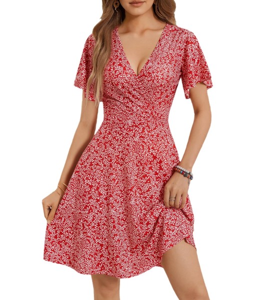 FENSACE Womens Sundress Summer Floral Short Sleeve Wrap V Neck A-Line Midi Dress