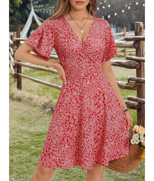 FENSACE Womens Sundress Summer Floral Short Sleeve Wrap V Neck A-Line Midi Dress