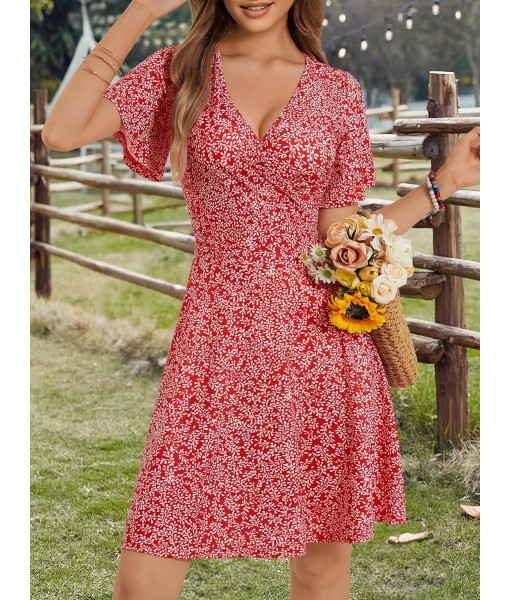 FENSACE Womens Sundress Summer Floral Short Sleeve Wrap V Neck A-Line Midi Dress