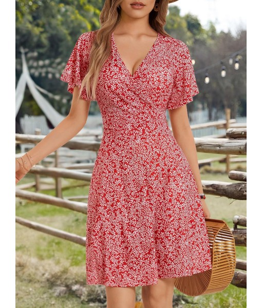 FENSACE Womens Sundress Summer Floral Short Sleeve Wrap V Neck A-Line Midi Dress