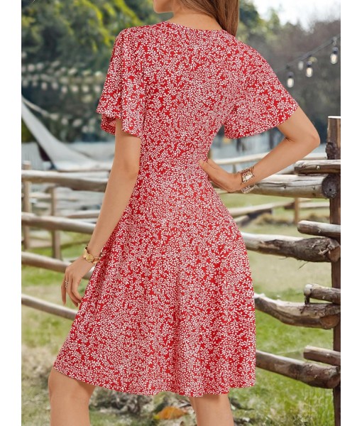 FENSACE Womens Sundress Summer Floral Short Sleeve Wrap V Neck A-Line Midi Dress