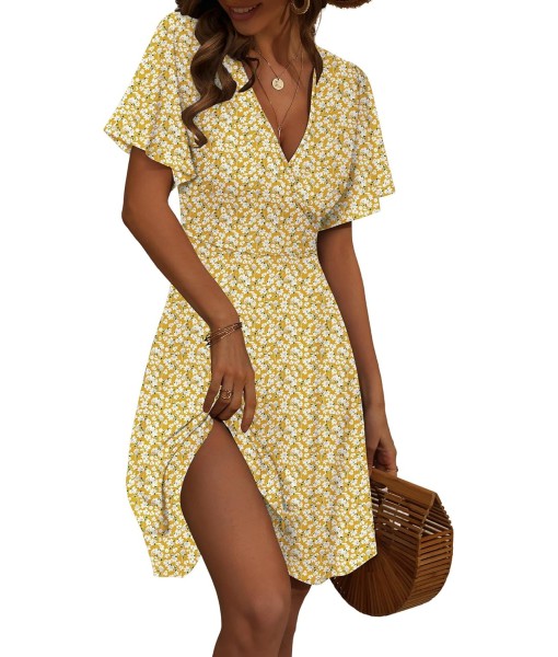 FENSACE Womens Sundress Summer Floral Short Sleeve Wrap V Neck A-Line Midi Dress