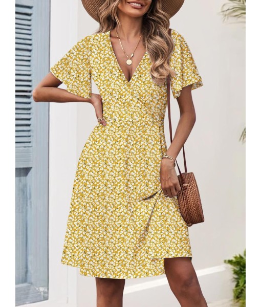 FENSACE Womens Sundress Summer Floral Short Sleeve Wrap V Neck A-Line Midi Dress