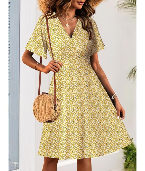 FENSACE Womens Sundress Summer Floral Short Sleeve Wrap V Neck A-Line Midi Dress