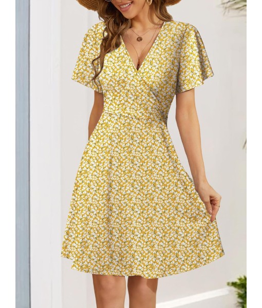 FENSACE Womens Sundress Summer Floral Short Sleeve Wrap V Neck A-Line Midi Dress