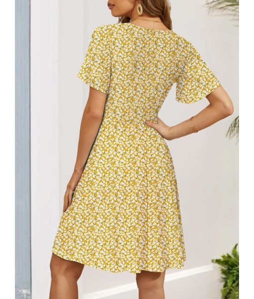 FENSACE Womens Sundress Summer Floral Short Sleeve Wrap V Neck A-Line Midi Dress
