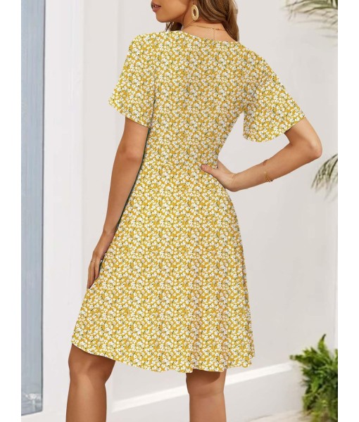 FENSACE Womens Sundress Summer Floral Short Sleeve Wrap V Neck A-Line Midi Dress