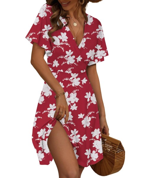 FENSACE Womens Sundress Summer Floral Short Sleeve Wrap V Neck A-Line Midi Dress