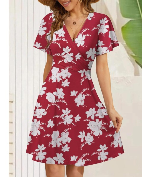 FENSACE Womens Sundress Summer Floral Short Sleeve Wrap V Neck A-Line Midi Dress