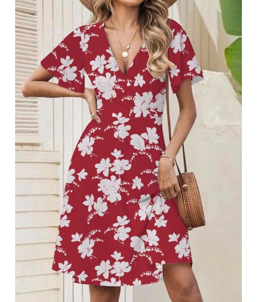 FENSACE Womens Sundress Summer Floral Short Sleeve Wrap V Neck A-Line Midi Dress