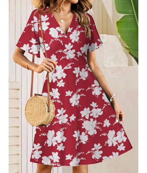 FENSACE Womens Sundress Summer Floral Short Sleeve Wrap V Neck A-Line Midi Dress