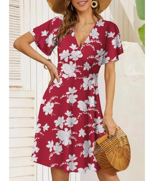 FENSACE Womens Sundress Summer Floral Short Sleeve Wrap V Neck A-Line Midi Dress