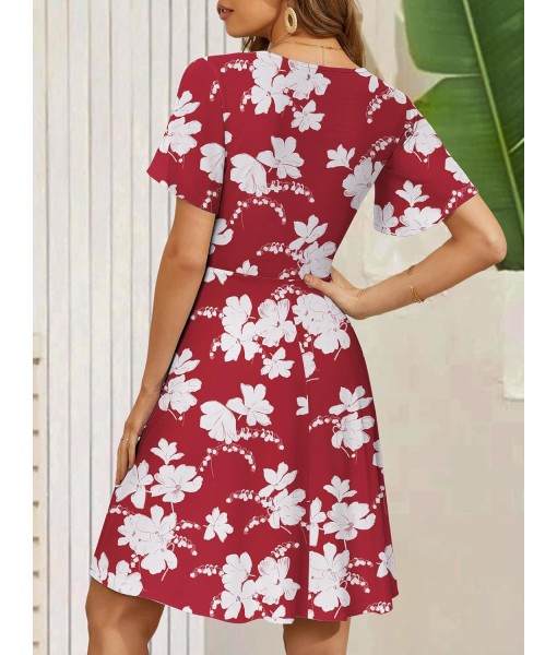 FENSACE Womens Sundress Summer Floral Short Sleeve Wrap V Neck A-Line Midi Dress
