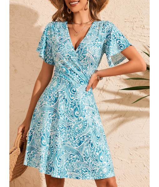 FENSACE Womens Sundress Summer Floral Short Sleeve Wrap V Neck A-Line Midi Dress