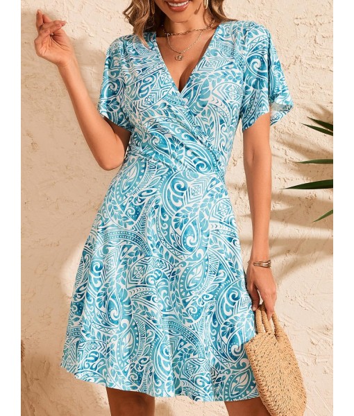 FENSACE Womens Sundress Summer Floral Short Sleeve Wrap V Neck A-Line Midi Dress