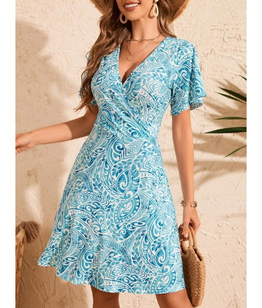 FENSACE Womens Sundress Summer Floral Short Sleeve Wrap V Neck A-Line Midi Dress