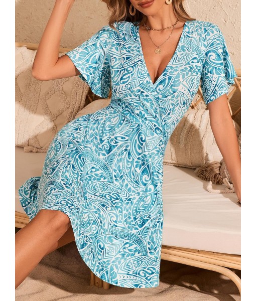 FENSACE Womens Sundress Summer Floral Short Sleeve Wrap V Neck A-Line Midi Dress