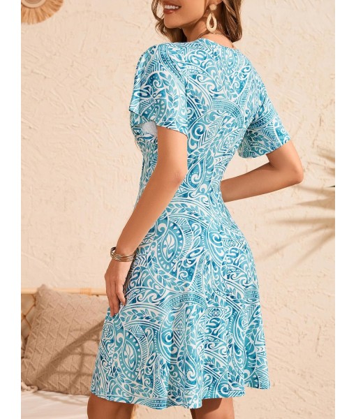 FENSACE Womens Sundress Summer Floral Short Sleeve Wrap V Neck A-Line Midi Dress