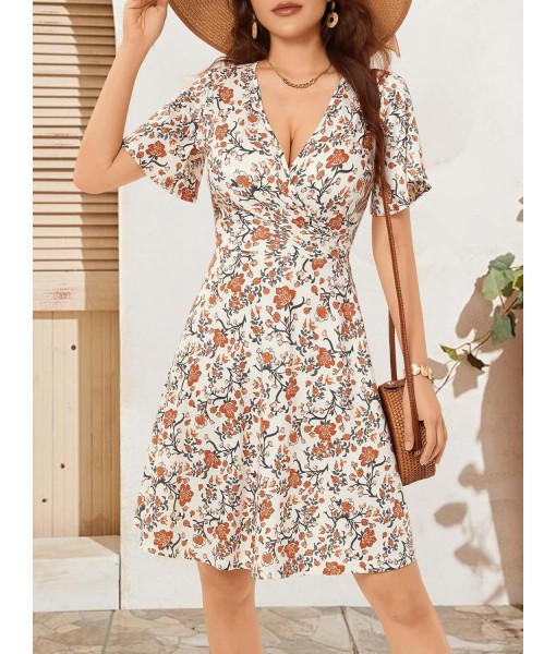 FENSACE Womens Sundress Summer Floral Short Sleeve Wrap V Neck A-Line Midi Dress