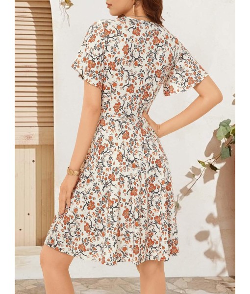 FENSACE Womens Sundress Summer Floral Short Sleeve Wrap V Neck A-Line Midi Dress