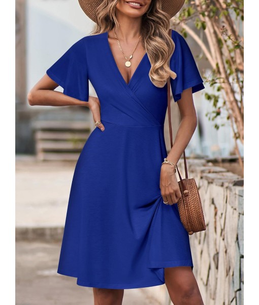 FENSACE Womens Sundress Summer Floral Short Sleeve Wrap V Neck A-Line Midi Dress