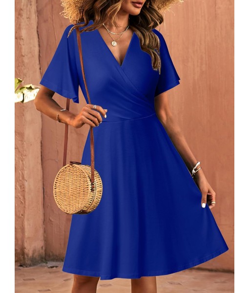 FENSACE Womens Sundress Summer Floral Short Sleeve Wrap V Neck A-Line Midi Dress