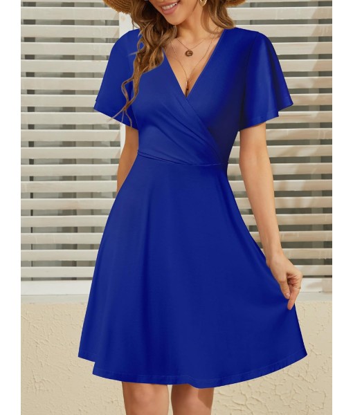 FENSACE Womens Sundress Summer Floral Short Sleeve Wrap V Neck A-Line Midi Dress