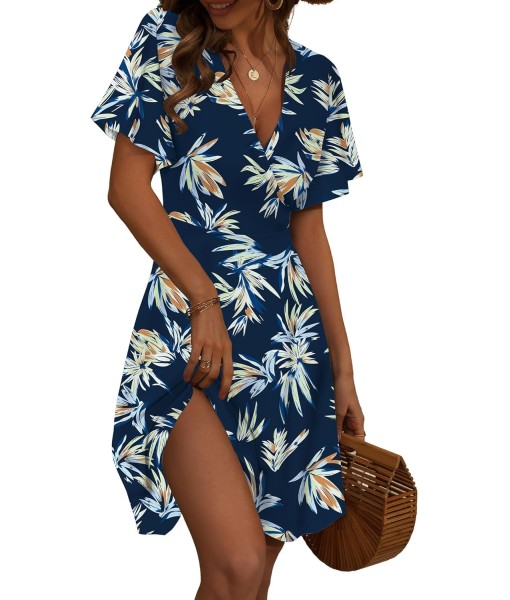 FENSACE Womens Sundress Summer Floral Short Sleeve Wrap V Neck A-Line Midi Dress