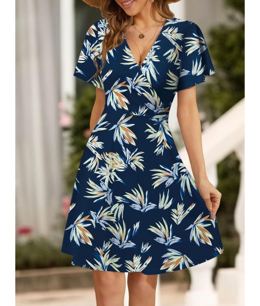 FENSACE Womens Sundress Summer Floral Short Sleeve Wrap V Neck A-Line Midi Dress